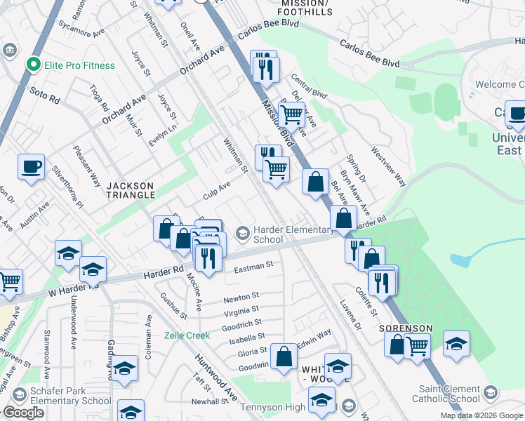 map of restaurants, bars, coffee shops, grocery stores, and more near in Hayward