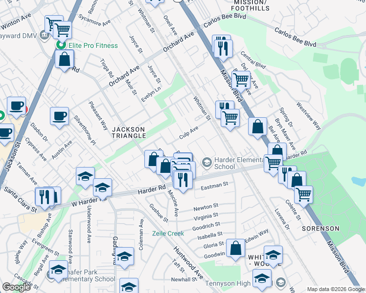 map of restaurants, bars, coffee shops, grocery stores, and more near 25527 Donald Avenue in Hayward