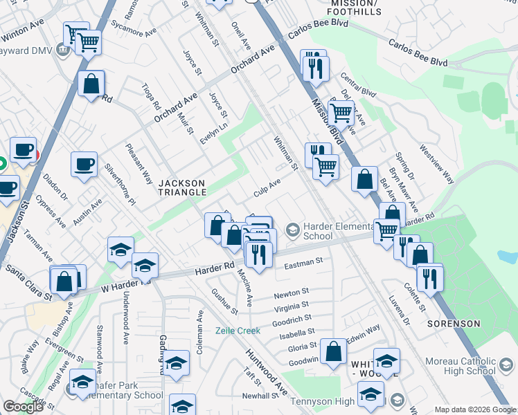 map of restaurants, bars, coffee shops, grocery stores, and more near 25527 Donald Avenue in Hayward