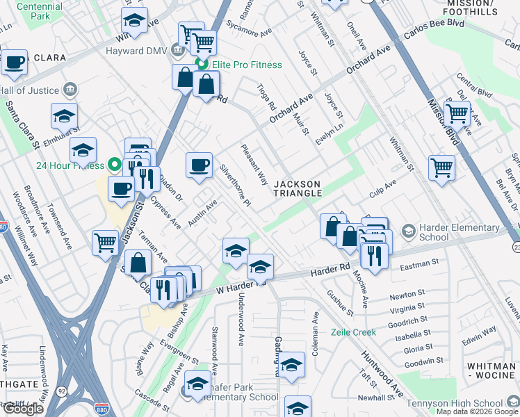 map of restaurants, bars, coffee shops, grocery stores, and more near 25098 Silverthorne Place in Hayward