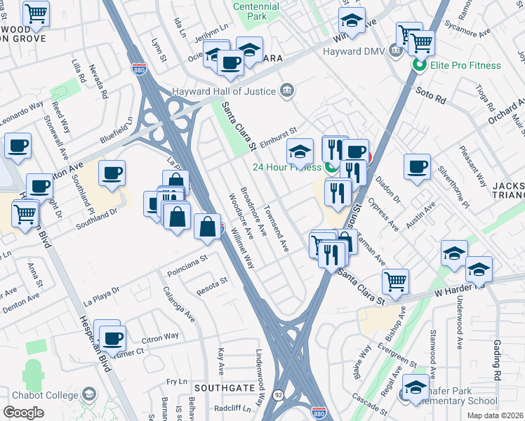 map of restaurants, bars, coffee shops, grocery stores, and more near 24758 Broadmore Avenue in Hayward