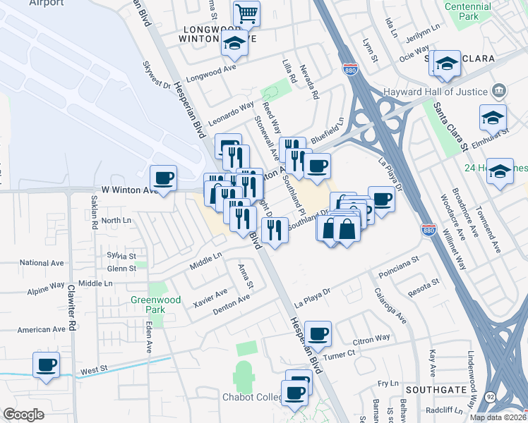 map of restaurants, bars, coffee shops, grocery stores, and more near 24296 Hesperian Boulevard in Hayward