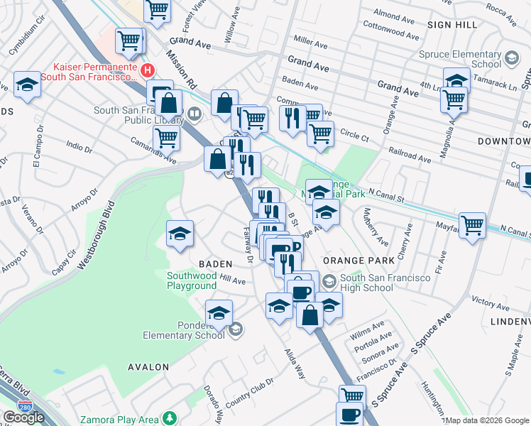 map of restaurants, bars, coffee shops, grocery stores, and more near 646 El Camino Real in South San Francisco