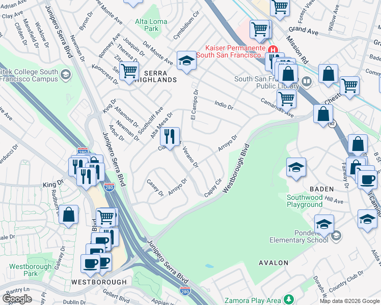 map of restaurants, bars, coffee shops, grocery stores, and more near 105 Verano Drive in South San Francisco