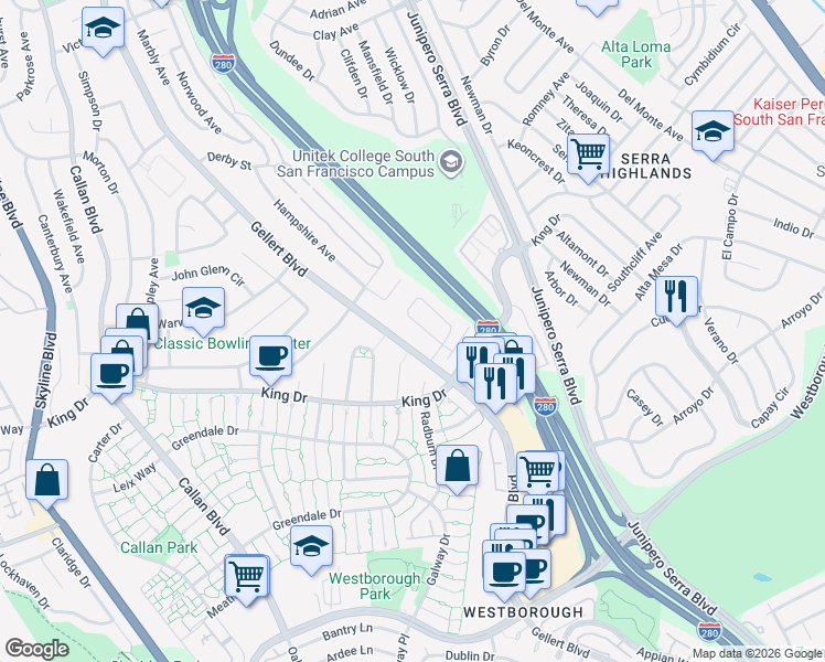 map of restaurants, bars, coffee shops, grocery stores, and more near 967 Gellert Boulevard in Daly City