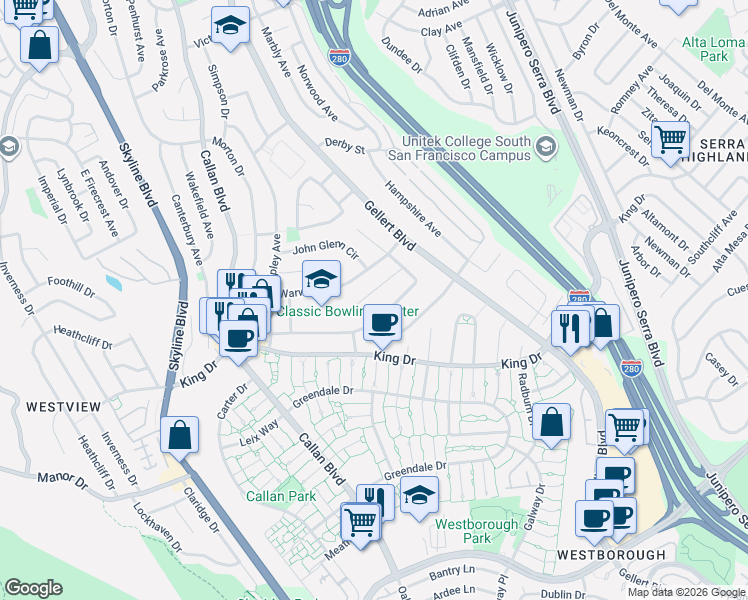 map of restaurants, bars, coffee shops, grocery stores, and more near 280 Dennis Drive in Daly City