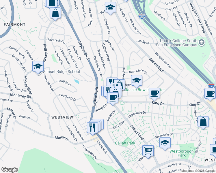 map of restaurants, bars, coffee shops, grocery stores, and more near 4037 Callan Boulevard in Daly City
