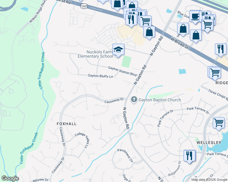 map of restaurants, bars, coffee shops, grocery stores, and more near 13550 Causeway Drive in Henrico