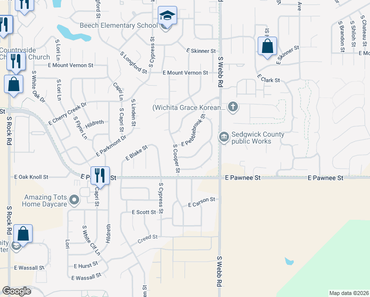 map of restaurants, bars, coffee shops, grocery stores, and more near 9403 E Elmwood St in Wichita