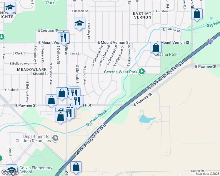 map of restaurants, bars, coffee shops, grocery stores, and more near 2260 McAdam Street in Wichita