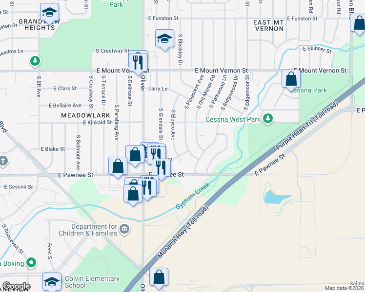 map of restaurants, bars, coffee shops, grocery stores, and more near 2301 South Pinecrest Street in Wichita