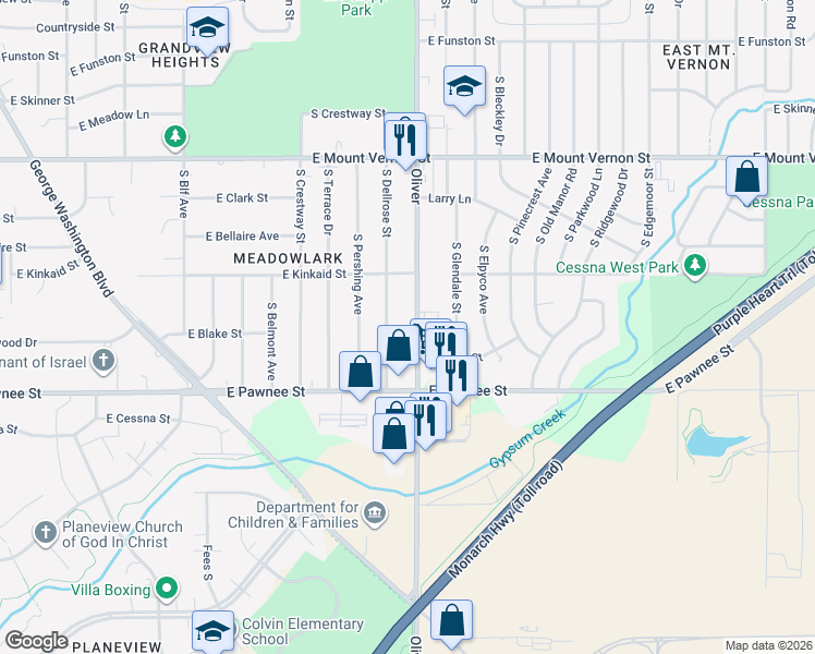 map of restaurants, bars, coffee shops, grocery stores, and more near 2307 South Oliver Avenue in Wichita
