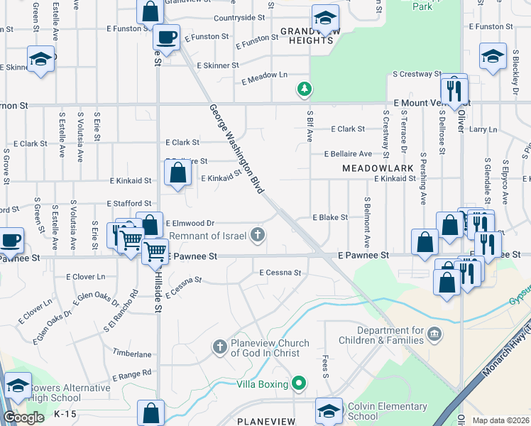 map of restaurants, bars, coffee shops, grocery stores, and more near 3635 Elmwood St in Wichita