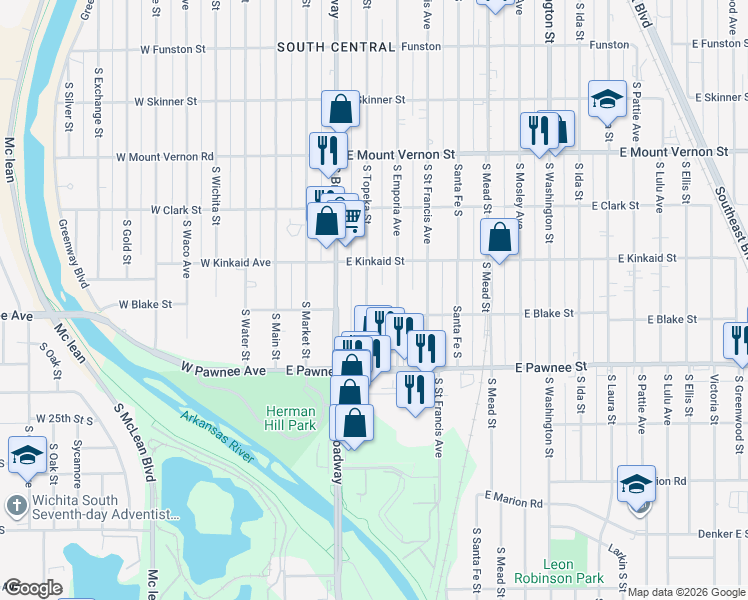 map of restaurants, bars, coffee shops, grocery stores, and more near East Blake Street in Wichita