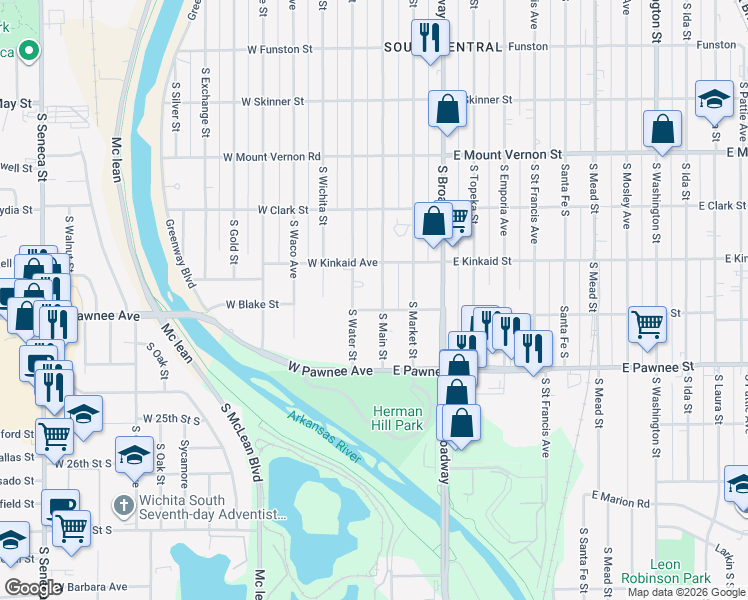 map of restaurants, bars, coffee shops, grocery stores, and more near 2312 South Main Street in Wichita