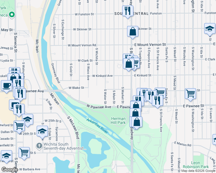 map of restaurants, bars, coffee shops, grocery stores, and more near 2301 S Water St in Wichita