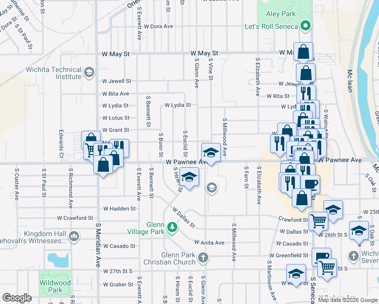 map of restaurants, bars, coffee shops, grocery stores, and more near 2337 South Euclid Street in Wichita