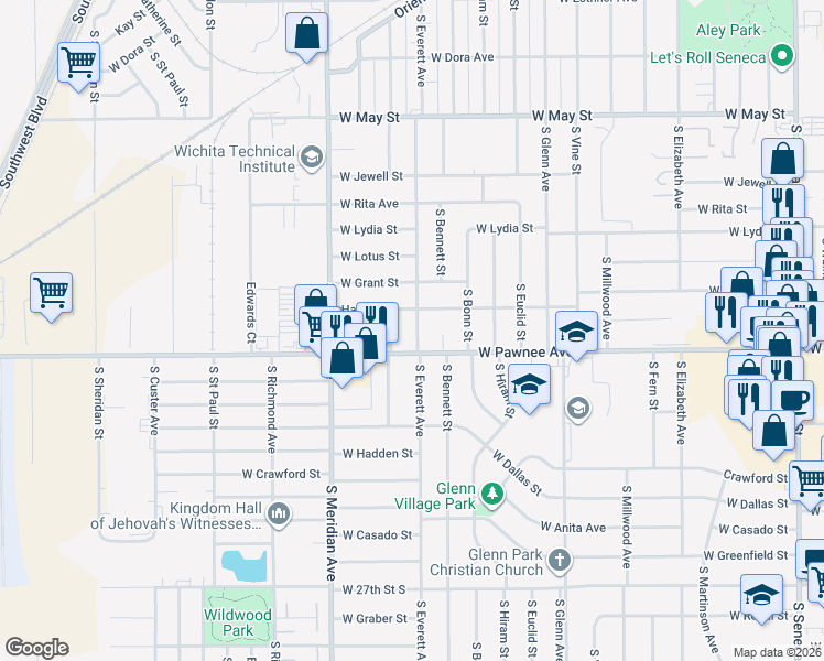 map of restaurants, bars, coffee shops, grocery stores, and more near 2336 South Saint Clair Street in Wichita
