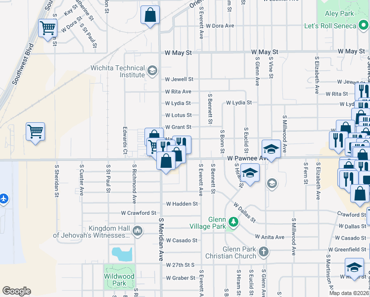 map of restaurants, bars, coffee shops, grocery stores, and more near 2404 East 23rd Street South in Wichita