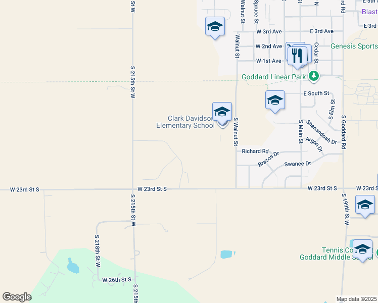 map of restaurants, bars, coffee shops, grocery stores, and more near 20816 West 23rd Street South in Goddard