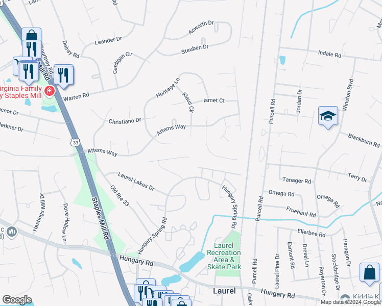 map of restaurants, bars, coffee shops, grocery stores, and more near 10002 Bush Lane in Glen Allen