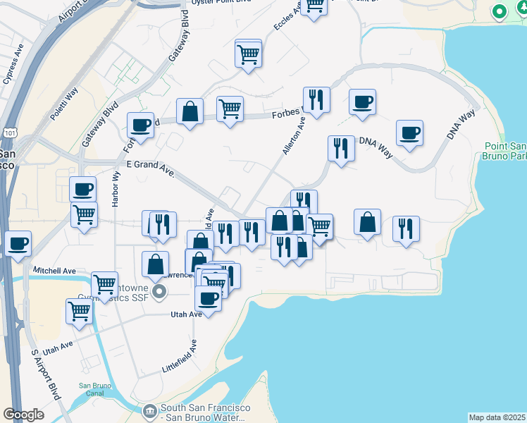 map of restaurants, bars, coffee shops, grocery stores, and more near 301 East Grand Avenue in South San Francisco