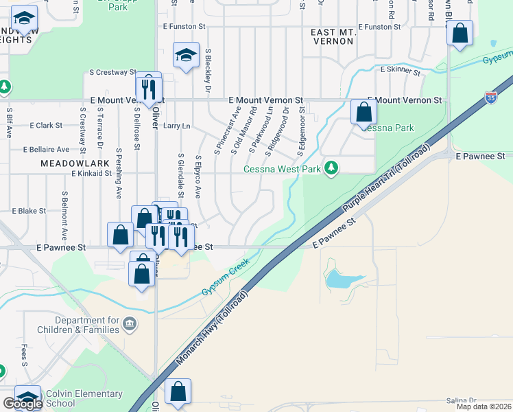 map of restaurants, bars, coffee shops, grocery stores, and more near 2260 McAdam Street in Wichita