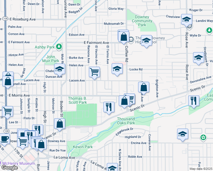 map of restaurants, bars, coffee shops, grocery stores, and more near 548 Esgar Avenue in Modesto