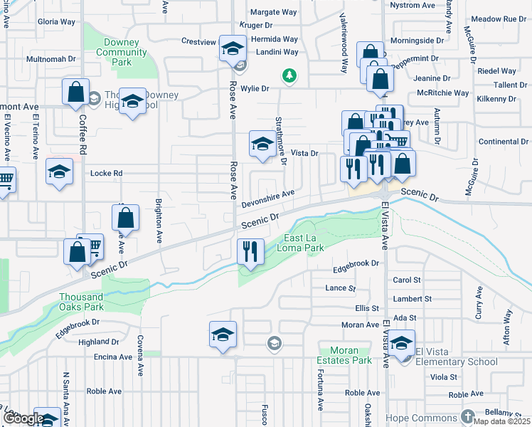 map of restaurants, bars, coffee shops, grocery stores, and more near 1852 Scenic Drive in Modesto