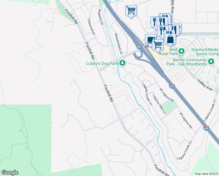 map of restaurants, bars, coffee shops, grocery stores, and more near 11 Foothill Lane in Pleasanton