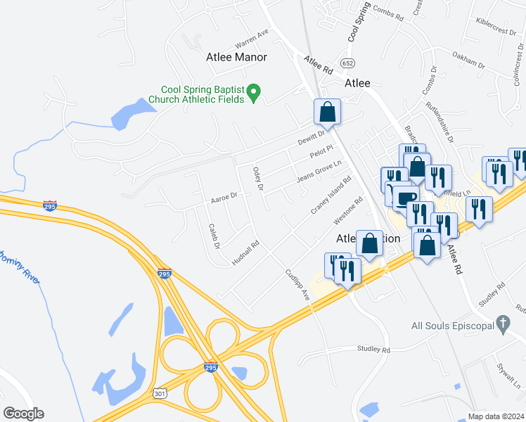 map of restaurants, bars, coffee shops, grocery stores, and more near 9143 Odey Drive in Mechanicsville