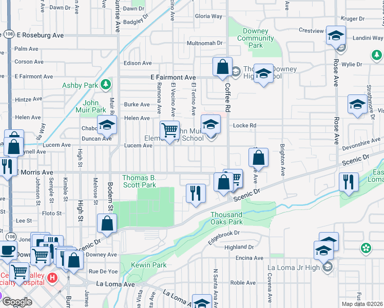 map of restaurants, bars, coffee shops, grocery stores, and more near 501 Esgar Avenue in Modesto