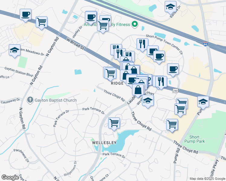 map of restaurants, bars, coffee shops, grocery stores, and more near 12651 Three Chopt Road in Henrico