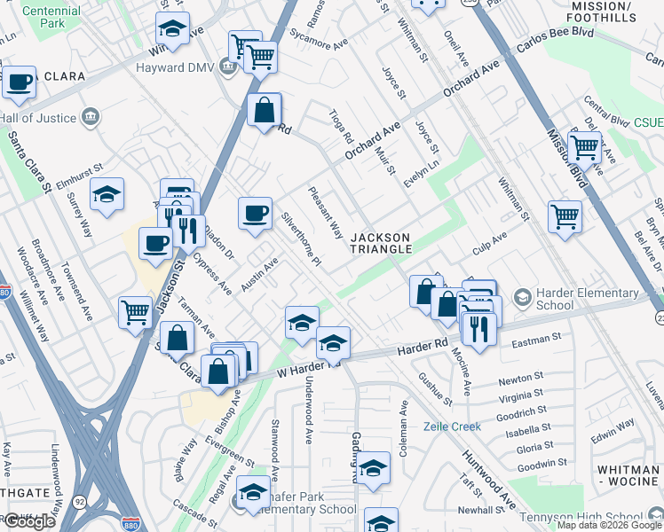 map of restaurants, bars, coffee shops, grocery stores, and more near 116 Berry Avenue in Hayward