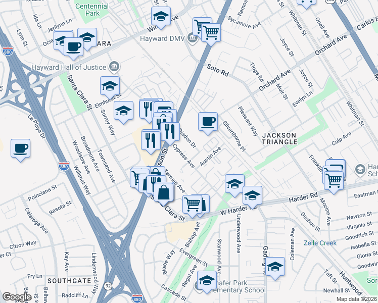 map of restaurants, bars, coffee shops, grocery stores, and more near 24970 Cypress Avenue in Hayward