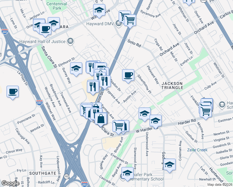 map of restaurants, bars, coffee shops, grocery stores, and more near 24970 Cypress Avenue in Hayward