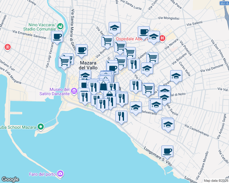 map of restaurants, bars, coffee shops, grocery stores, and more near 9 Via Francesco Crispi in Mazara del Vallo