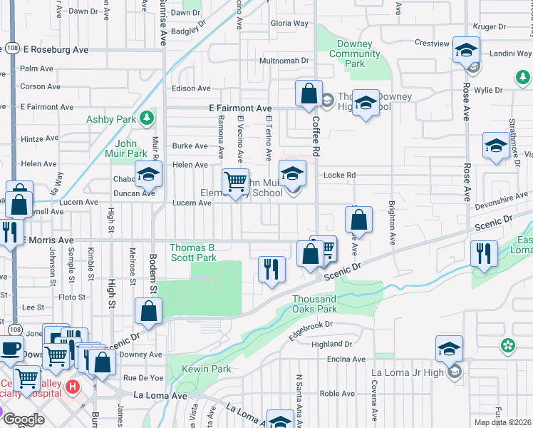 map of restaurants, bars, coffee shops, grocery stores, and more near 501 Esgar Avenue in Modesto