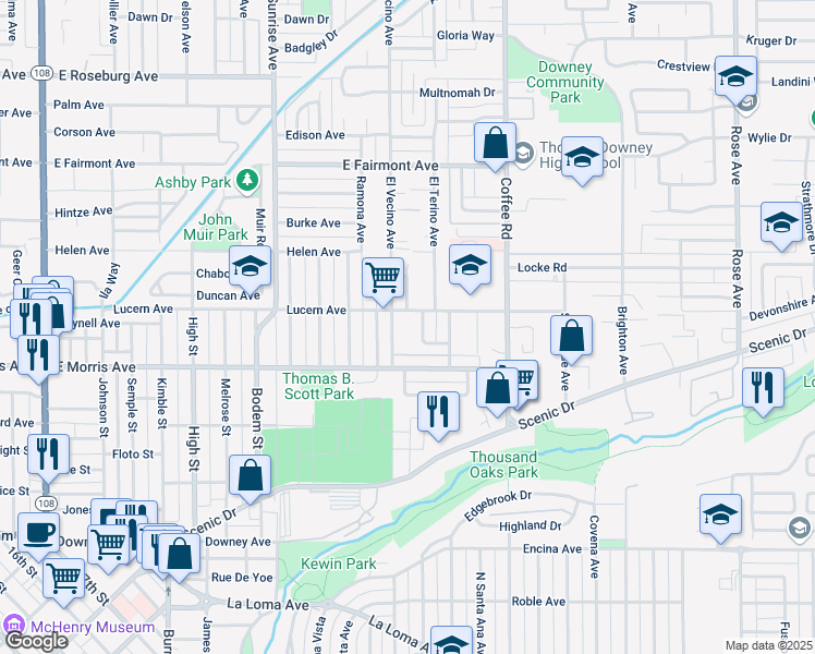 map of restaurants, bars, coffee shops, grocery stores, and more near 529 Esgar Avenue in Modesto