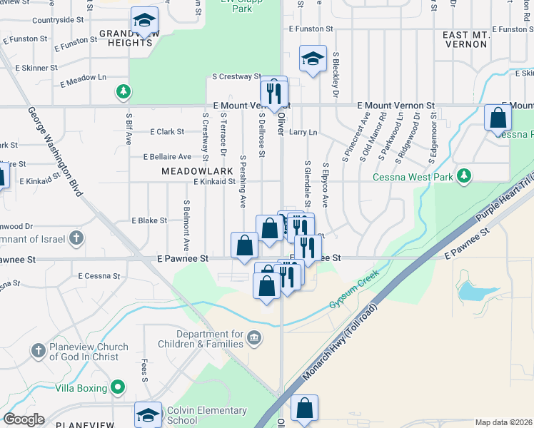map of restaurants, bars, coffee shops, grocery stores, and more near 2307 South Oliver Avenue in Wichita