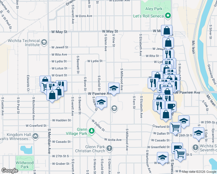 map of restaurants, bars, coffee shops, grocery stores, and more near 1838 West Pawnee Street in Wichita