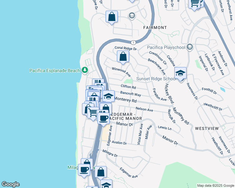 map of restaurants, bars, coffee shops, grocery stores, and more near 214 Bancroft Way in Pacifica