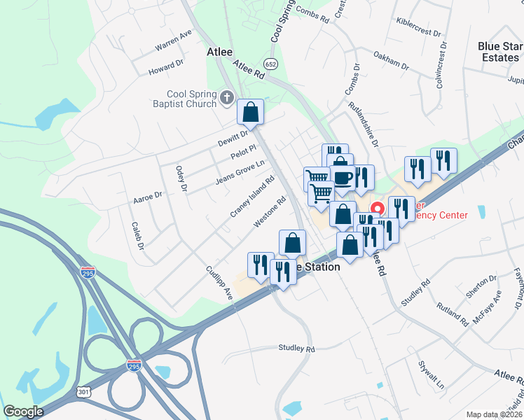 map of restaurants, bars, coffee shops, grocery stores, and more near 9031 Westone Road in Mechanicsville