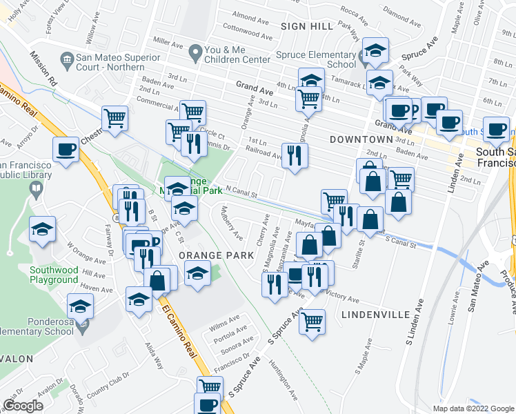 map of restaurants, bars, coffee shops, grocery stores, and more near 616 Mayfair Avenue in South San Francisco