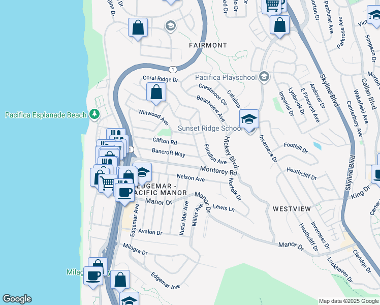 map of restaurants, bars, coffee shops, grocery stores, and more near 363 Bancroft Way in Pacifica