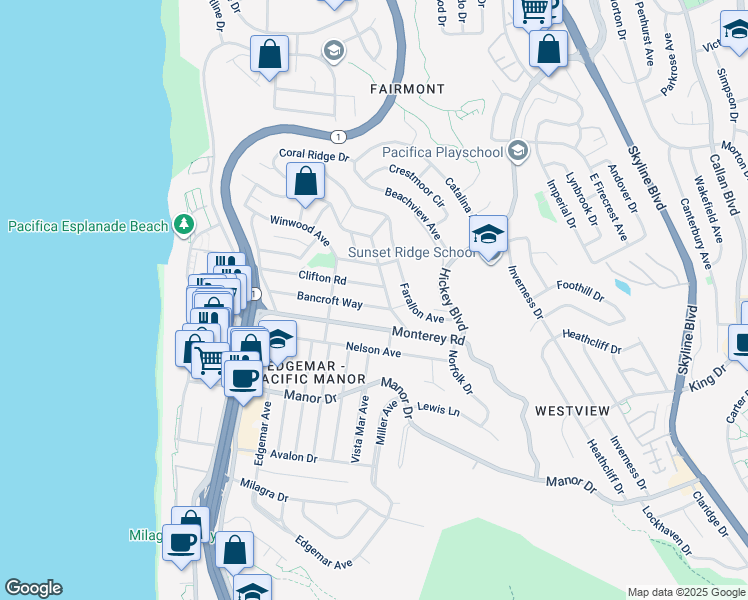 map of restaurants, bars, coffee shops, grocery stores, and more near 363 Bancroft Way in Pacifica