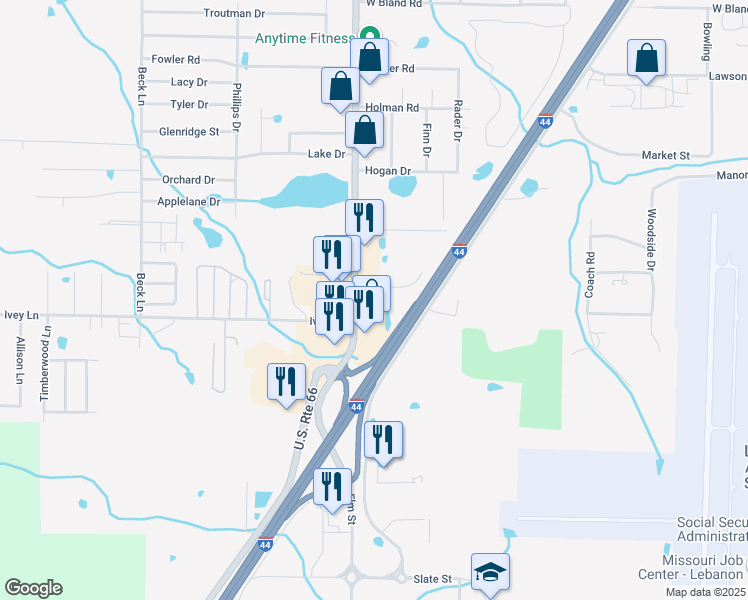 map of restaurants, bars, coffee shops, grocery stores, and more near 1830 West Elm Street in Lebanon