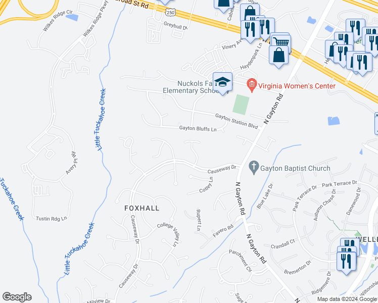 map of restaurants, bars, coffee shops, grocery stores, and more near 13618 Cartwright Lane in Richmond