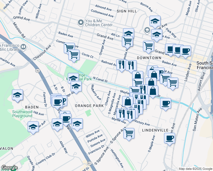 map of restaurants, bars, coffee shops, grocery stores, and more near 616 Mayfair Avenue in South San Francisco