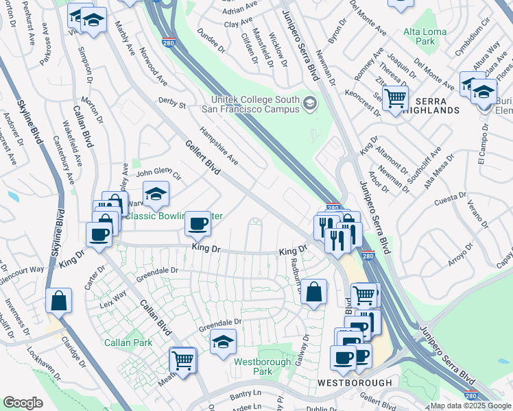 map of restaurants, bars, coffee shops, grocery stores, and more near 44 Camelot Court in Daly City